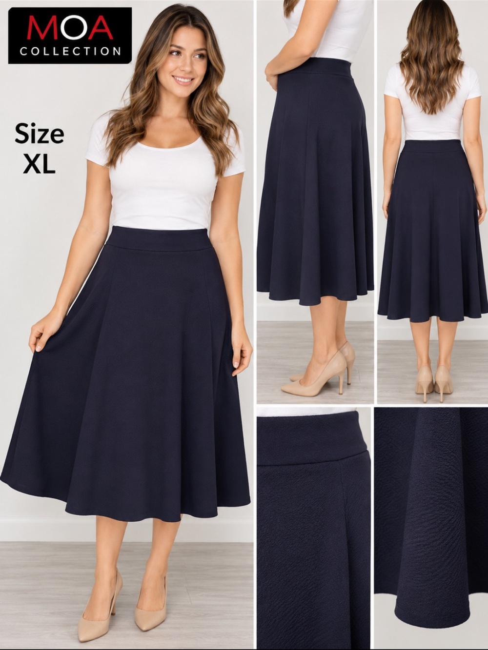 MOA Collection Women’s Navy Blue A-Line Midi Skirt Flared Stretch Waist - XL